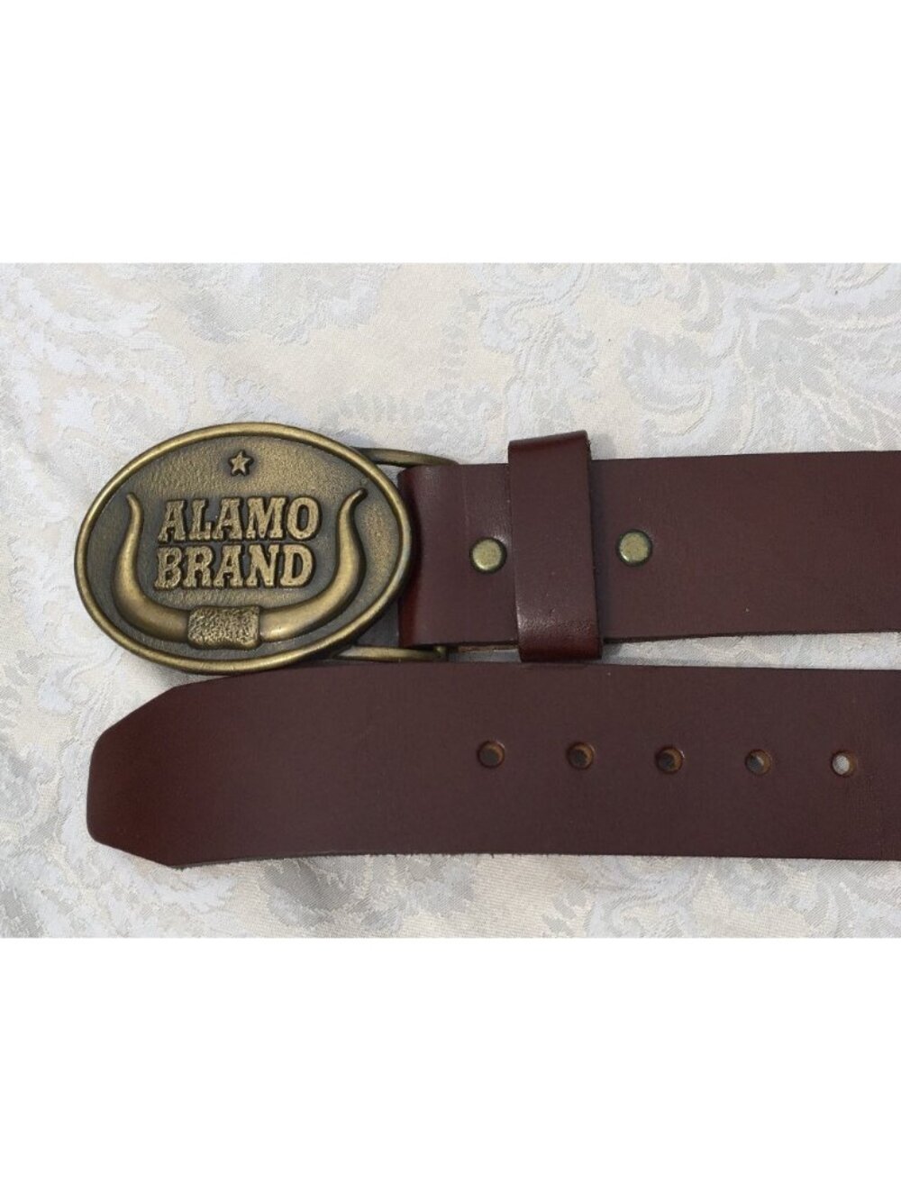 A4- Men's Leather Belt, Brass ALAMO BRAND Buckle by RJ Roberts & Co